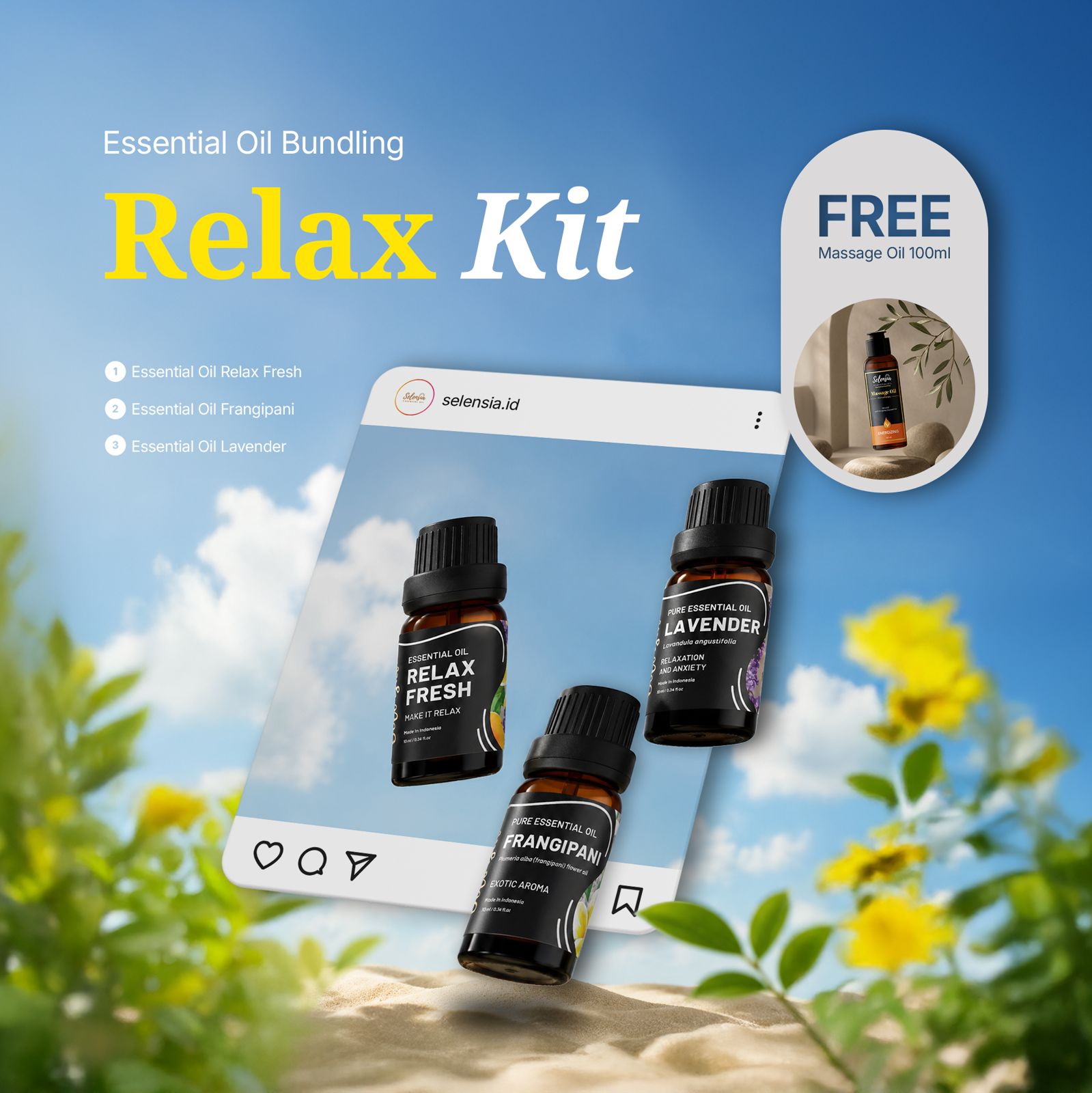Selensia Bundling 3 Relax Kit Essential Oil + 1 Free Massage Oil Kervilain